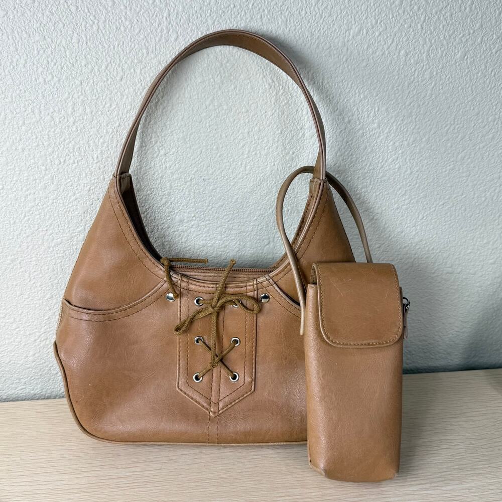 Vintage 90s Y2k Tan Lace Up Small Bag Phone Acc Trashy McBling Gyaru Bimbo Sexy